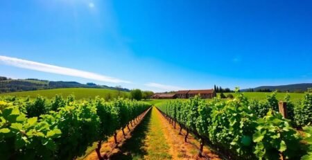 Vignoble français avec vignes luxuriantes et ciel bleu.