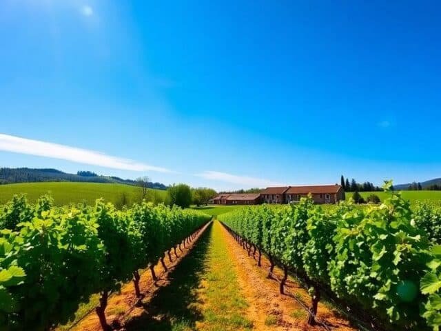 Vignoble français avec vignes luxuriantes et ciel bleu.