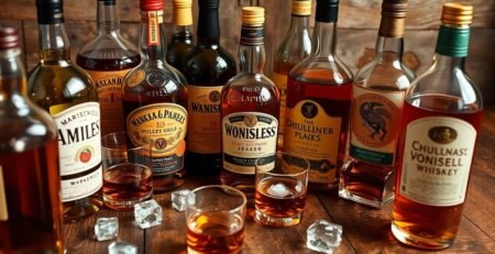 Bouteilles de whisky sur une table en bois rustique.