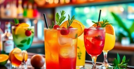 Cocktails à base de rhum colorés et garnis de fruits.