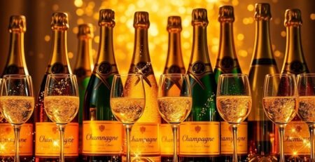 Bouteilles de champagne élégantes avec des verres pétillants.