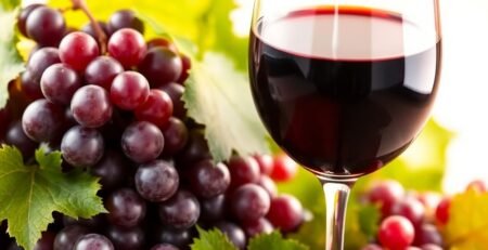 Verre de vin rouge avec raisins et feuilles vertes.